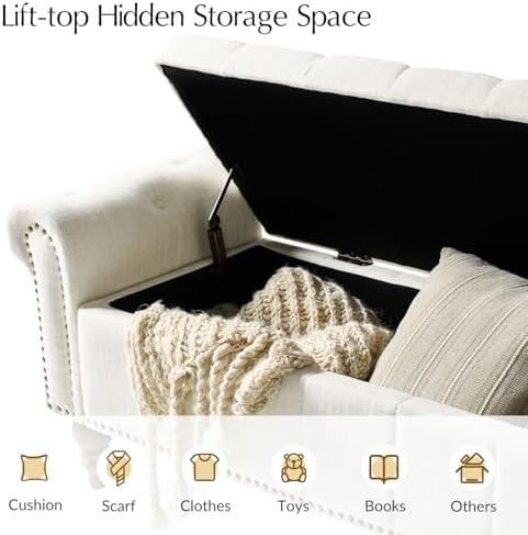 HULALA HOME Farmhouse Storage Bench, Ivory