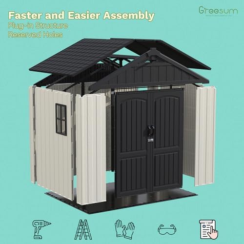 Greesum 8x8FT Plastic Outdoor Storage Shed with Floor, Resin Sheds, Beige