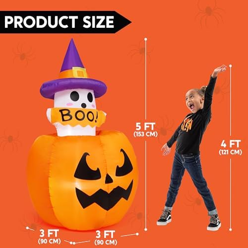 Joiedomi 5ft Tall Halloween Animated Inflatables Outdoor Decorations, Inflatable Ghost on Pumpkin with LEDs, Cute Blow Up Pumpkin Ghost Decor for Outside Yard Outdoor Lawn Garden Party Decoration