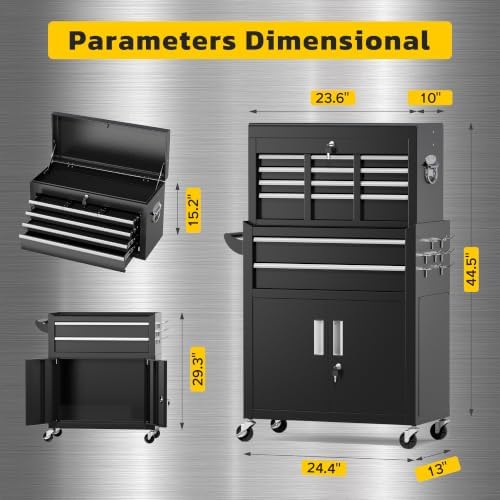 Greenvelly 8 Drawers Rolling Tool Chest, Detachable Top Tool Box with Wheels & Side Hooks, Lockable Metal Tool Cabinet with Liners and Tray Divider for Garage, Warehouse, Workshop, Black