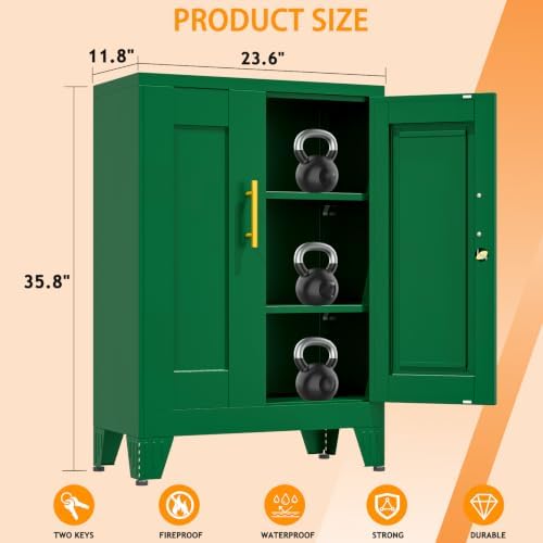 Small Locking Cabinet, Metal Storage Cabinet with Doors and 2 Shelves