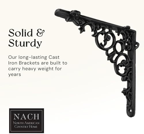 NACH Decorative Shelf Brackets, 4 Pack of 6 x 1.3 x 6 inch, Black Cast Iron Shelf Support Bracket - Metal Shelf Brackets for Wall - Victorian Shelf Bracket