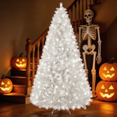 Prelit White Christmas Tree 6ft - White Halloween Tree with 300 LED Lights, 726 PVC Branches, Halloween & Xmas Tree for Holiday Decorations, Metal Stand and Hinged Branches