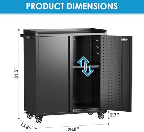 Reemoon 31.5" H Rolling Metal Storage Cabinet with 2 Doors & Pegboard,Black