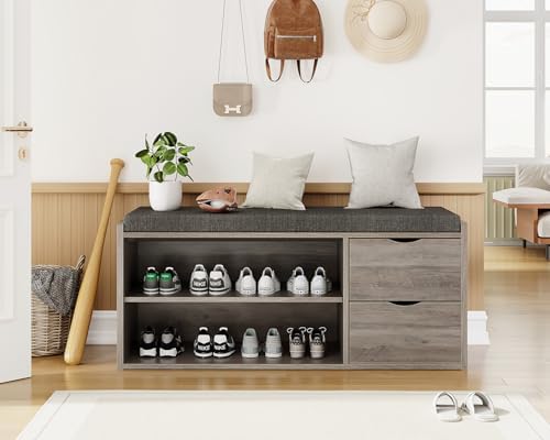 LVB 2-Tier Storage Bench with Padded Cushion, Entryway Bench with 2 Drawers