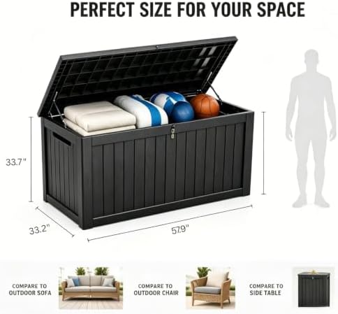 320 Gallon Outdoor Storage Box, Deck Boxes Outdoor Waterproof with Hydraulic Rod, UV-Resistant for All Weather Use, Lockable for Patio, Garden & Yard, Black