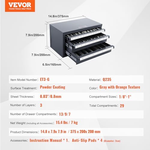 VEVOR End Mill Dispenser Cabinet, Three-Drawer, End Mill Organizer Cabinet Cold Rolled Steel, Organizer Cabinet Holder for Fractional Size from 1/8" to 1"