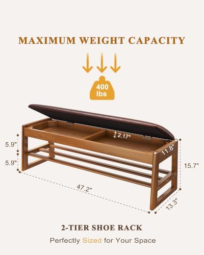 Shoe Rack Bench with Hidden Storage, 2‑Tier Solid Rubberwood Entryway Bench