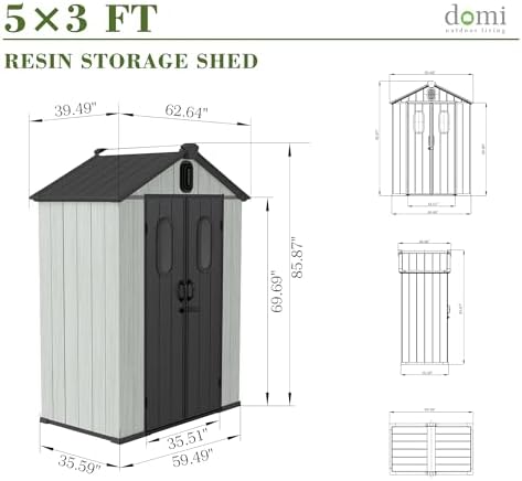 Domi 5x3FT Outdoor Resin Storage Shed with Transparent Windows & Louvered Vents, Plastic Tool Shed with Double Lockable Doors & Gable Roof, Outside Garden Shed for Backyard, Patio, Lawn, Grey