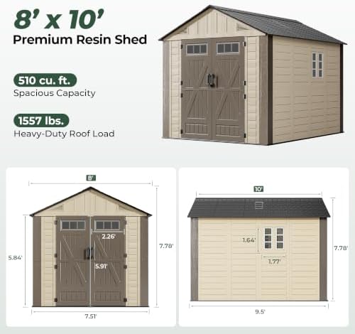 Resin Shed 8x10 FT Outdoor Storage Shed with Floor Included
