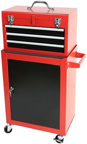 Henf 3-Drawer Rolling Tool Storage Cabinet with Detachable Top Tool Box, Liner, Adjustable Shelf, Wheels - Mobile Steel Organizer for Garage, Warehouse, Workshop, Repair Shop