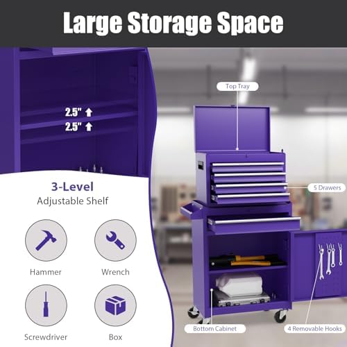 DREAMADE 5-Drawer Tool Chest Combo, Rolling Tool Cabinet w/Detachable Top Tool Box, Adjustable Shelves, Lockable Wheels, Metal Tool Box for Garage, Workshop, Repair Shop Storage (Purple)