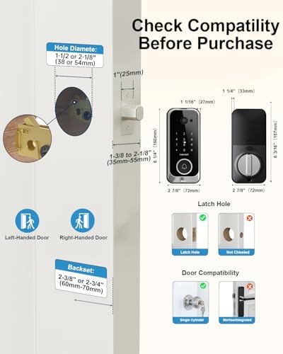 Hornbill Video Smart Lock with Camera: 10-in-1 Ring+2K Camera+Doorbell+Fingerprint Keyless Entry Door Lock, Built-in WiFi Deadbolt(only 2.4G), Two-Way Audio/App Remote Control/PIR, Satin Nickel