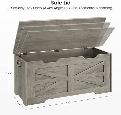 IDEALHOSUE 39.4" Storage Chest, Wooden Storage Bench with Safety Hinge, Retro Blanket Storage Trunk for Entryway, Living Room, Supports 350 lb, Gray
