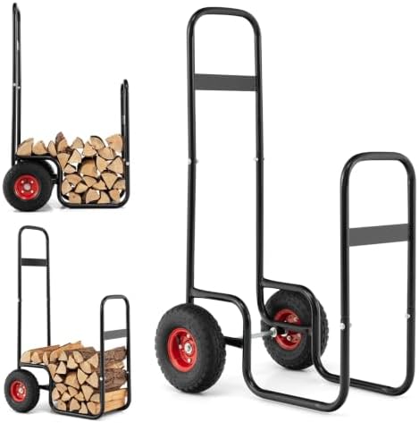 Goplus Firewood Cart with Wheels, Outdoor Indoor Rolling Fire Wood Log Cart with Pneumatic Rubber Tiers, 220 LBS Load Capacity Heavy Duty Steel Wood Storage Hauler, Log Holder Rack for Fireplace
