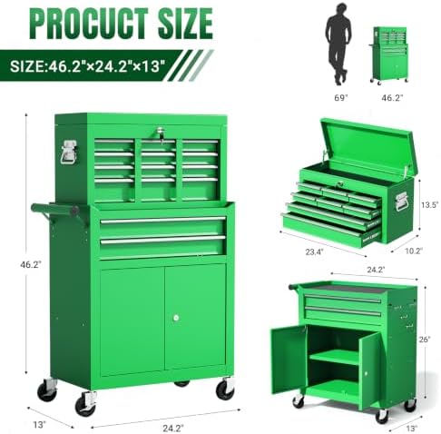 10-Drawer Rolling Tool Chest with wheels, Lockable 2-in-1 Tool Box