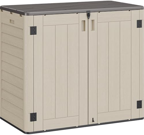 YITAHOME Outdoor Storage Shed w/o Shelf, 30 cu ft Horizontal Storage Shed Outdoor, Resin Waterproof Storage Cabinet for Garage, Poolside, Bikes, and Garden (Khaki + Black)