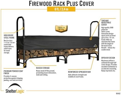 ShelterLogic 8' Adjustable Heavy Duty Outdoor Firewood Rack with Steel Frame Construction and Water-Resistant Cover