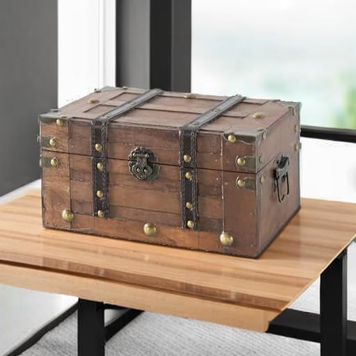 SLPR - Alexander Small Wooden Treasure Chest with Hinged Lid, 11x7x5.5 In