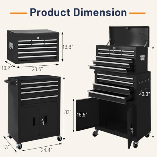 13-Drawer Double Door Rolling Tool Chest, 2 in 1 Detachable Tool Chest,Tool Box with Drawers and Wheels, Large Tool Cabinet with Lock, Metal Standing Toolbox for Garage Workshop-Black