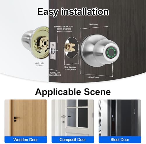 Smart Fingerprint Door Knob, 3-in-1 Keyless Entry with Auto Lock & App, Biometric Digital Lock for Front Door, Home, Office, Bedroom