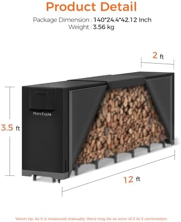 12ft Firewood Log Rack with Cover Outdoor, Heavy Duty Indoor Outdoor Firewood Storage Log Rack with Cover Combo Set Black