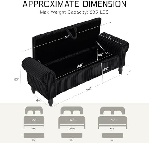 55" Corduroy Storage Ottoman Bench, Queen Bed, Black