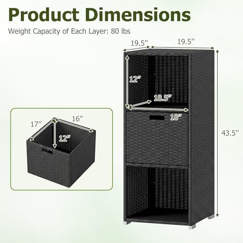 HAPPYGRILL Outdoor Storage Cabinet PE Rattan Wicker Storage Shed Organizer with Shelves Drawer, for Patio Porch, Garden, Backyard and Poolside (Black)