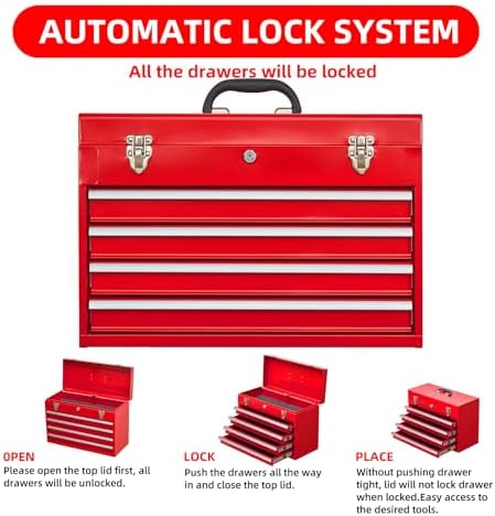 4 Drawers Metal Tool Box Portable Steel Tool Chest with Metal Latch Closure & Key Lock, 20" Powder Coating Top Storage Tray Toolbox with Handle, Suitable for Repair Shop & Garage (Red)