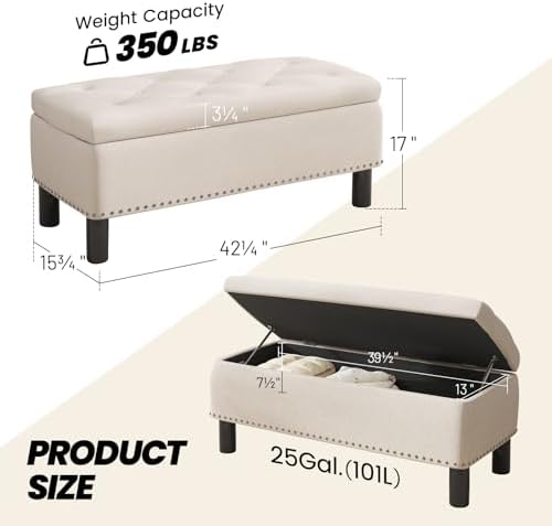 Furniliving Large Storage Ottoman, Beige, Wood Frame, Linen Fabric, 285 Lbs Capacity