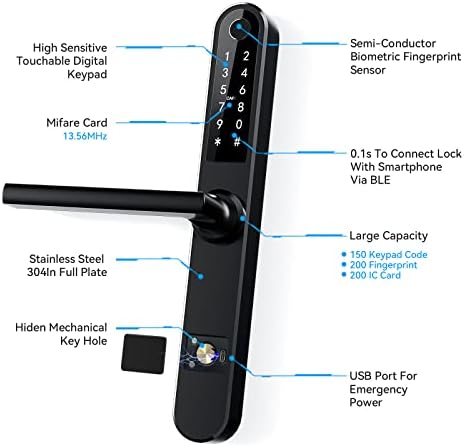 Luston Slim Smart Lock Front Door Stainless Steel Waterproof Mortise Lock,Keyless Entry Door Lock,WiFi Bluetooth Fingerprint Digital Keypad Aluminum Swing Door Lock with Handle(Black)