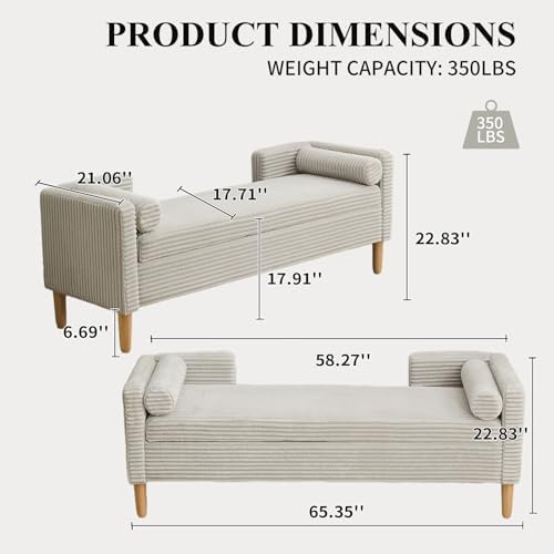 NIOIIKIT 65" Corduroy Upholstered Storage Ottoman Bench with 2 Pillows