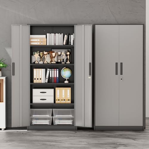 INTERGREAT Storage Cabinet with Doors and Shelves, Metal Garage Storage Cabinets with Lock, Lockable Steel Supply Cabinet for Home Office, Warehouse (Black Grey)