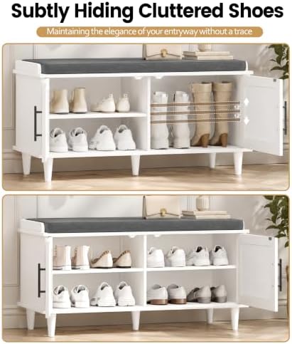 Akxomel 39.4" Rattan Shoe Storage Bench 2 Doors Wooden Entryway Bench White