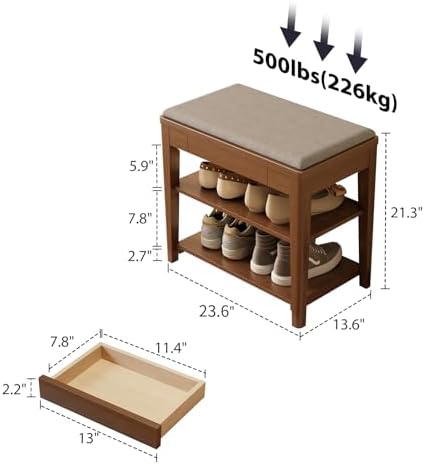 Solid Wood Shoe Bench with Storage, 2-Tier Shoe Storage Bench with Cushion