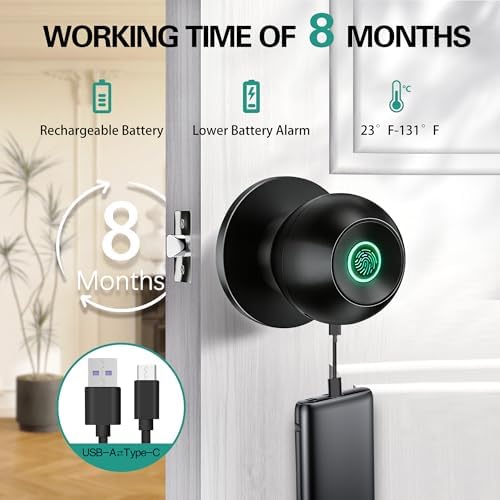 Smart Door Knob, Fingerprint Door Knob, Biometric Smart Door Lock with App Control, Metal Alloy Door Knobs, Easy Installation, Great for Bedrooms, Cloakroom, Apartments Offices, Hotel(Black)