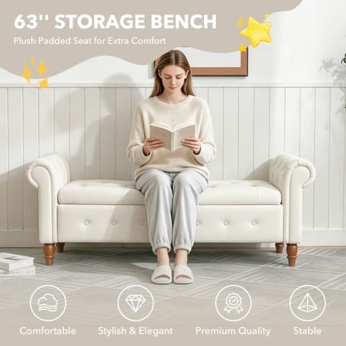 NIOIIKIT 63'' Storage Ottoman Bench, Tufted Entryway Bench White Polyester