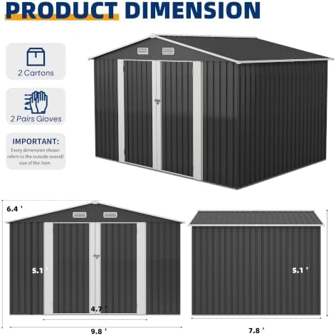 UDPATIO 10X8 FT Outdoor Storage Shed, Metal Shed for Patio&Garden,Grey