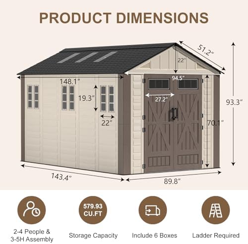 8x12 Ft Outdoor Storage Shed with Floor, Large Resin Outdoor Shed with Lockable Doors, 5 Fixed Windows & 6 Skylights, HDPE Garden Sheds for Backyard, Lawn Tools, Pool & Bike Supplies, Khaki