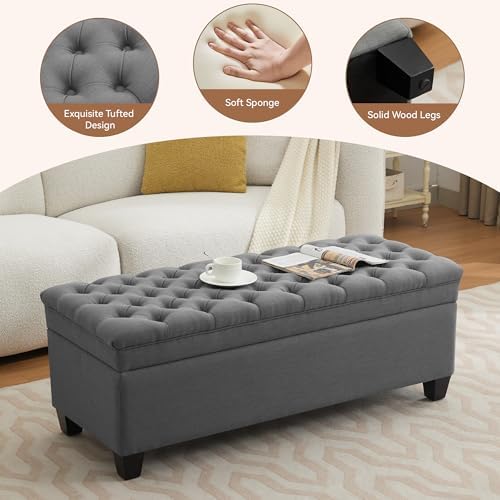 WUTUTUEE 50" Fabric Storage Ottoman Bench, Upholstered Rectangle End of Bed Storage Ottoman Tufted Living Room Bedroom Bench with Safety Hinge, Solid Wood Legs, Loads 500 lb(Dark Grey)