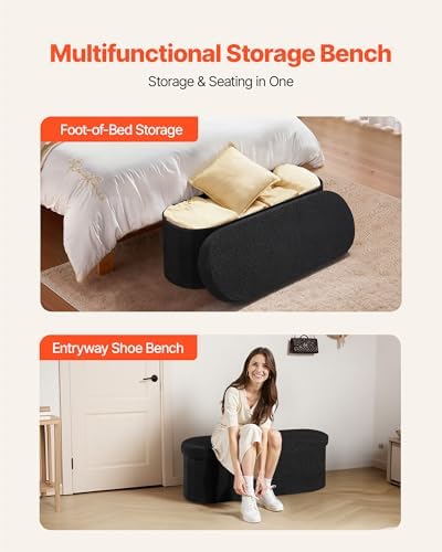VEVOR Oval Storage Ottoman Bench, Foldable Teddy Fleece End of Bed Bench, Folding Upholstered Bed Ottoman Chest with Large Storage Space, Supports 660 lbs, for Living Room, Bedroom, Entryway, Black