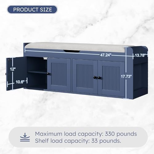 47.2" Storage Bench - Entryway Shoe Bench with Side Storage Shelves and 4 Doors, Multifunctional Entryway Bench with Lift Top Cushion, Shoe Storage Bench for Bedroom, Living Room, Navy Blue