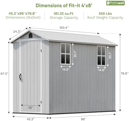 Patiowell 4x8 FT Plastic Outdoor Storage Shed with Floor, Light Gray