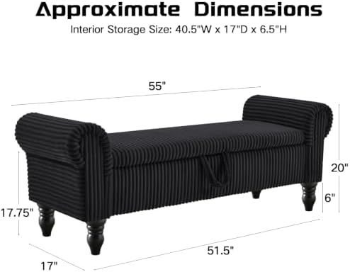55" Storage Ottoman Bench, Corduroy End of Bed Bench for Bedroom, Black