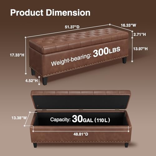 FiveWillowise 51 Inch Storage Ottoman Bench,Large End of Bed Storage Bench