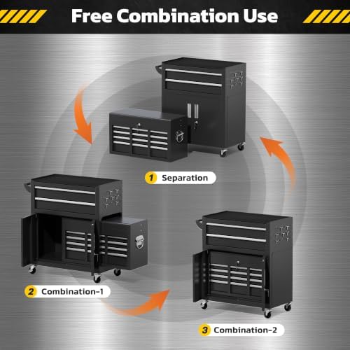 Greenvelly 8 Drawers Rolling Tool Chest, Detachable Top Tool Box with Wheels & Side Hooks, Lockable Metal Tool Cabinet with Liners and Tray Divider for Garage, Warehouse, Workshop, Black
