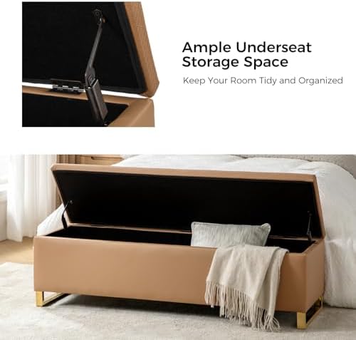 60" Leather Storage Bench with Throw Ottomans, Large Modern Flip Top End of Bed Benches King Size, Upholstered Footrest Stool with Gold Legs for Living, Bedroom, Entryway and Hallway, Camel