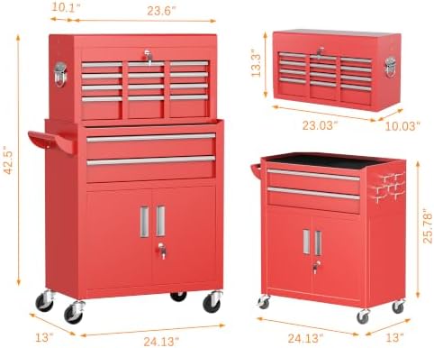 INTERGREAT Tool Chest Cabinet,8-Drawer Rolling Tool Chest with Detachable Top Tool Box, Tool Chests with Universal Lockable Wheels, Metal Tool Cart for Garage, Workshop, Barbershop(Red)