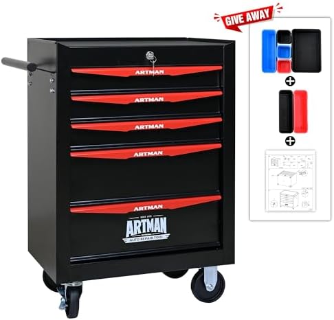 Heavy Duty 5-Drawer Rolling Tool Chest, Key Lock Tool Storage Cabinet with Lockable Casters & Drawer Liners, Mobile Tool Organizer Cart for Garage Workshop Warehouse Repair Shop (Black)