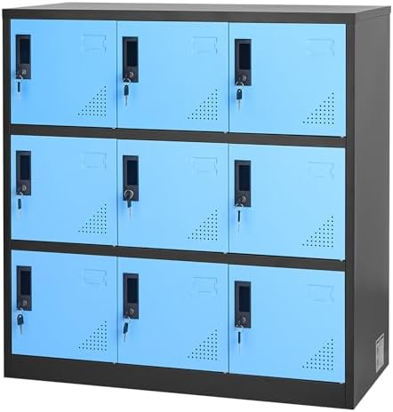VEVOR 9 Doors Metal Locker for Employees, Steel Locking Storage Cabinet with Card Slot and Ventilation, 2 Keys for Each Door, Employee Lockers for Office, School, Gym, Home, Easy Assembly, Blue&Black